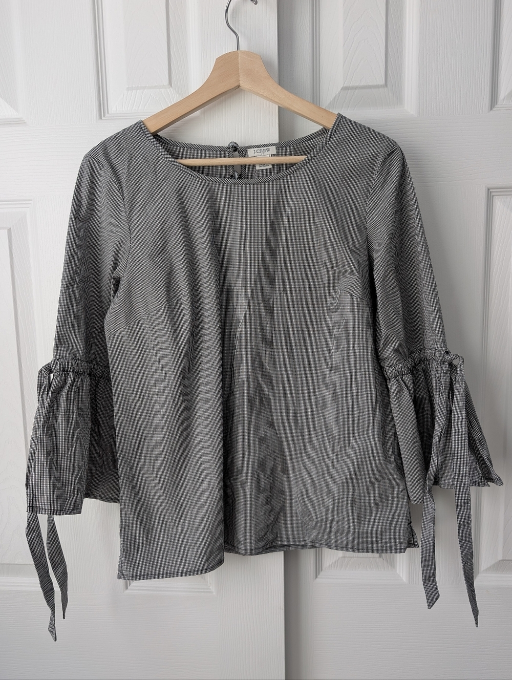 J. Crew Micro Gingham black white bell tie sleeve blouse, size S cotton office